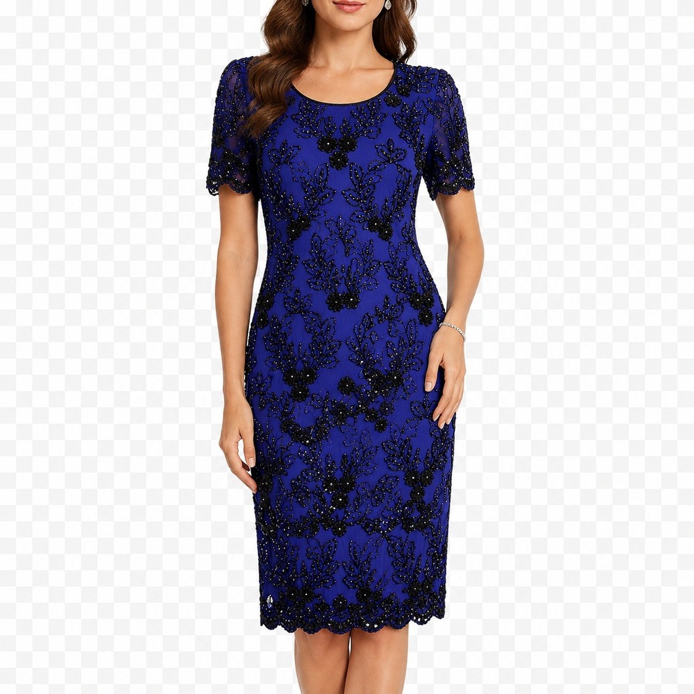 Vintage Sténay Beaded Sequin Evening Cocktail Dress Large Blue Black Formal Glam